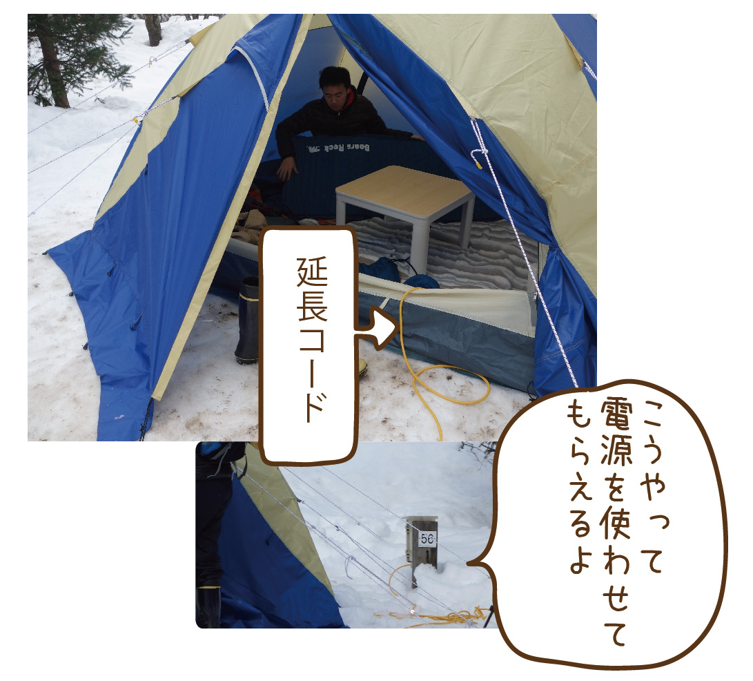 キャンプ場の電源から延長コード を使ってテント内で家電を使っている様子