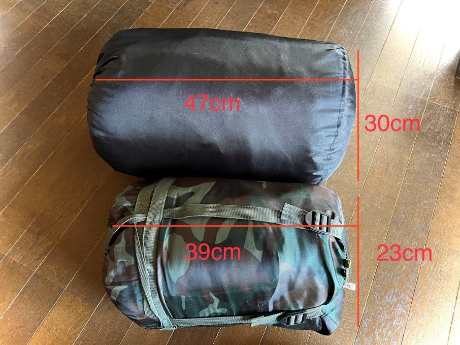 化繊素材の寝袋のサイズ比較 3シーズン用：39×23センチ 冬用：47×30センチ