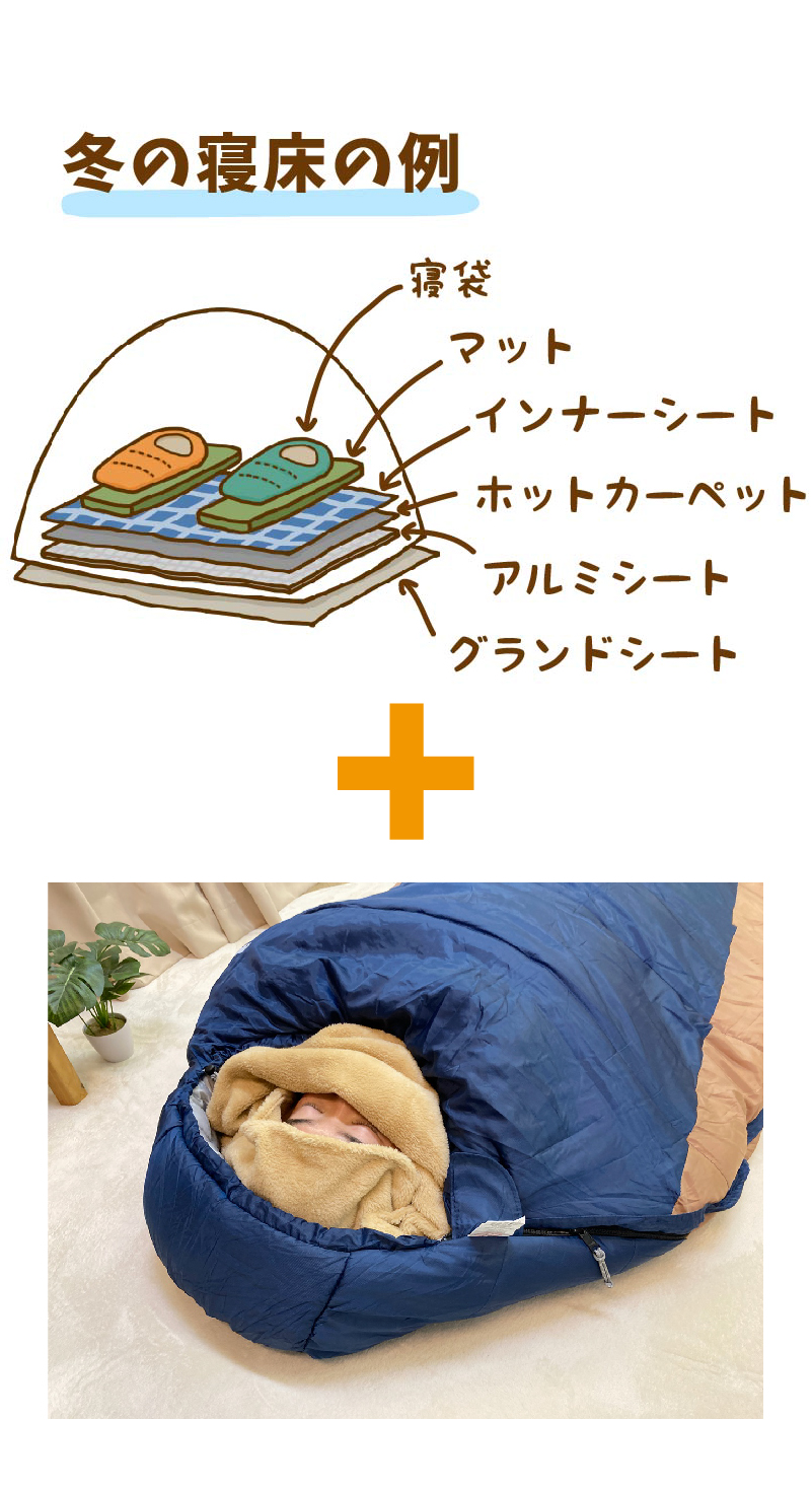 冬の寝床+寝袋+インナーシュラフの写真