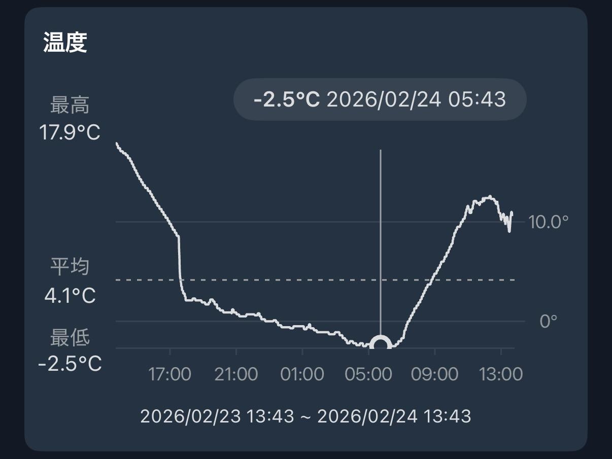 キャンプ中の最低気温マイナス2.5℃を記録した温度グラフ